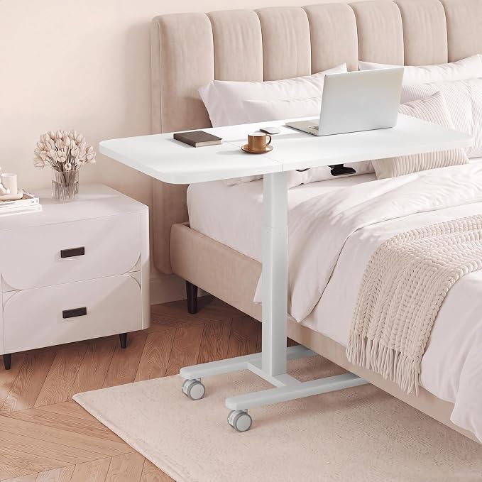 Homkdom C Shaped Table with Wheels, Side End Table with Extended Desktop, Adjustable Rolling Desk for Small Space, Dorm, Height Adjustment (29.5"-44"), White