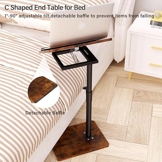 YUHFERA Sofa Armrest Tray Table for Couch - 360° Swivel Height Adjustable End for Small Spaces, Snack Side Table for Bed or Chair with Phone & Tablet Slot (Rich,Angle Adjustable)