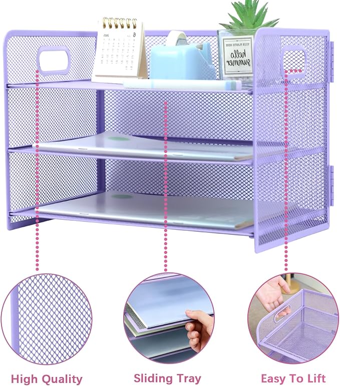 3 Tier Lettrer Tray Organizer with Handle, Metal Mesh Desk File Organizer with Sliding Trays, Paper Sorter Desk for Home Office School, Purple