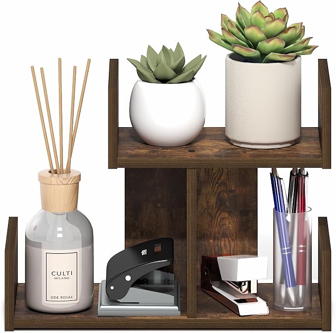 Furinno HERMITE Desk Organizers and Accessories, 2-Tier U-Shape Office Organization Shelf, Desk Top Book Shelf, for Office Supplies, Office Desktop Accessories, Amber Pine