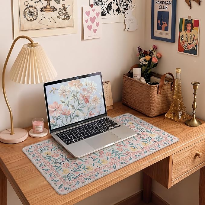 iCasso Pink Aesthetic Flower Mouse pad for Laptop, Desk Matt for Desktop 13.7"x23.6", Anti-Slip Mousepad with Stitched Edges for Laptop Computer Keyboard(Pink Floral)