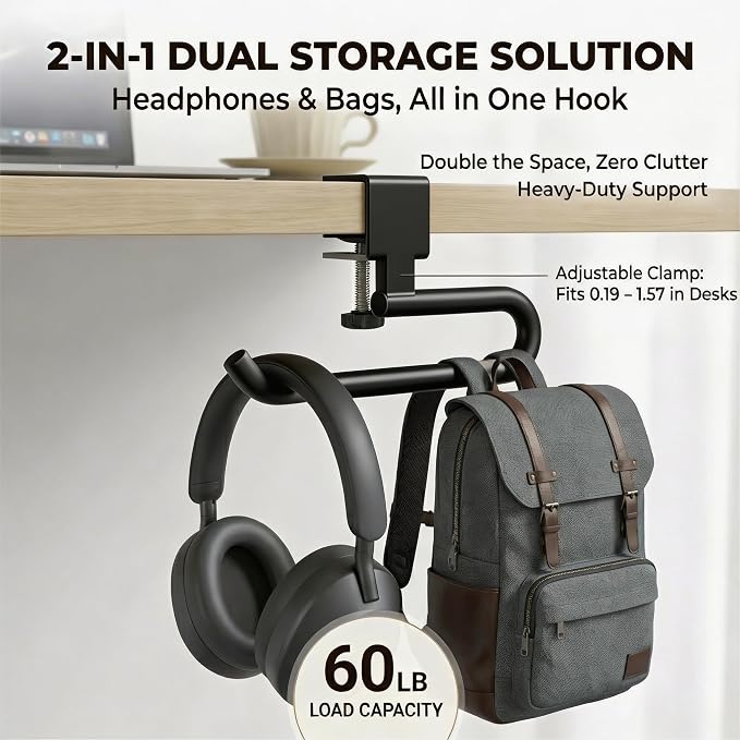 Desk Hook & Bag Hooks for Tables, Anti-Slip 60LB Heavy Duty Clamp-On Backpack Hanger, Extended Clearance Bag Holder for Desk for Office & Gaming, Adjustable (0.19-1.57in) (Black)