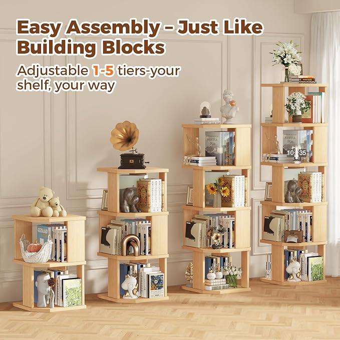 5 Tier Square Bookshelf Tower, Floor Standing Corner Bookshelf Modern Organizer Storage Display Rack for Home Office Living Room Study, Small Spaces