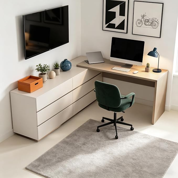 Retractable L-Corner Computer Desk with 6 Organizer Drawers for Games, Make-up, Home Office, Khaki (Khaki)