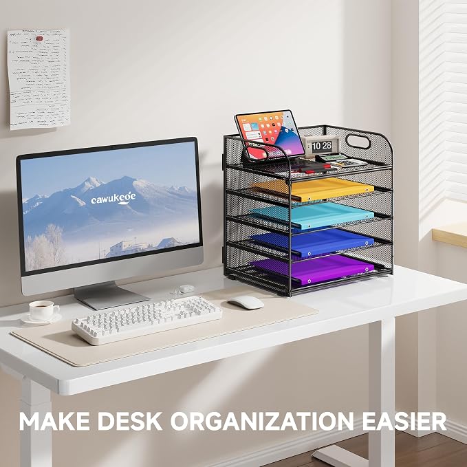 Cawukege 5 Tier Paper Organizer with Handle, Black Metal Mesh Desk Organizer File Folder Paper Letter Tray Desktop Document Sorter for Classroom, School, Office Accessories Organization and Storage