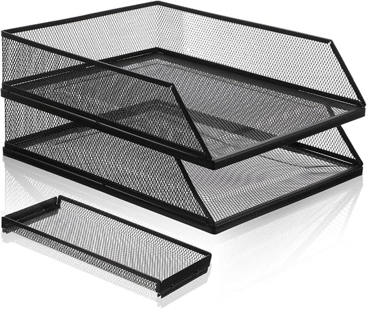 2-Tier Stackable Paper Tray Organizer with Top Tray, Metal Mesh Desktop File Holder & Document Sorter for Office, Home, Learning Places (Black)