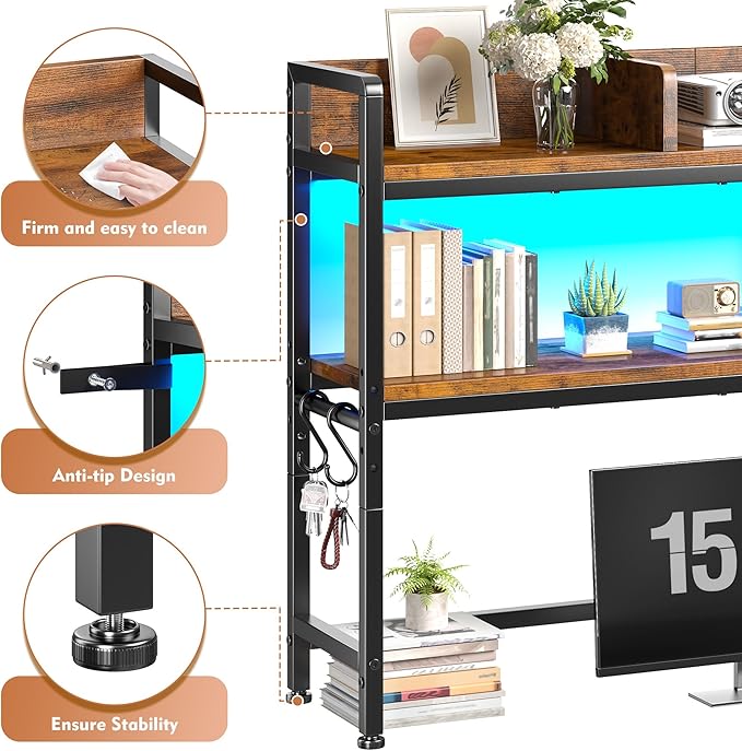 REIBII 45.2" Desk Shelf with LED Lights and Hooks,2-Tier Adjustable Multipurpose Solid Wood Desk Hutch Dorm,Desktop Organizer Rack with 3 Display Rack for Dorm,Office Home,Rustic Brown