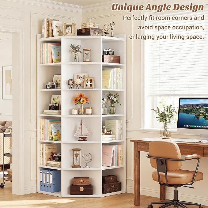 Aheaplus 7-Tier Wooden Corner Cube Bookshelf, Corner Storage Cabinet with 18 Cubes, Corner Cube Organizer Display Shelf with Top Table, Modern L Shaped Cubby Bookcase for Home Office, White