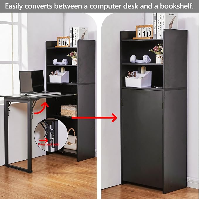 Foldable Desk with Storage,Hidden Desk with Built-in Socket,Fold Out Writing Table for Small Spaces,Home Office and Bedroom (Black)