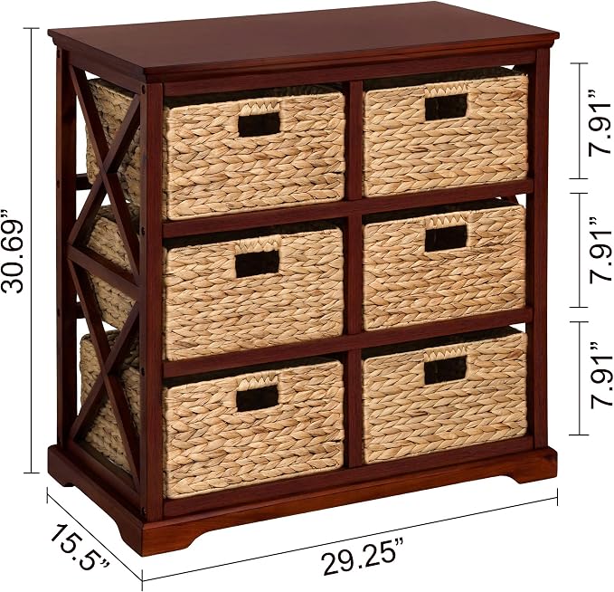 eHemco Hampton Meadows 3 Tier X-Side End Storage Cabinet with 6 Wicker Baskets, Cherry