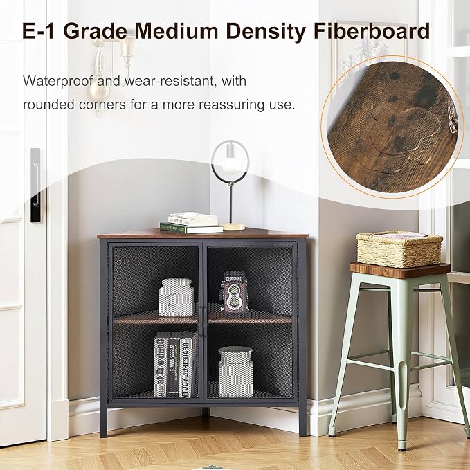 VECELO 3-Tier Corner Table,Cabinet with Mesh Door,Corner Shelf Stand,Metal Frame Storage Shelf Organizer Display Shelves for Bedroom,Wall Corner,Living Room,Kitchen,Bathroom
