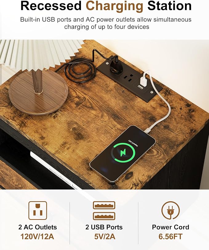 Floating Nightstand with Charging Station,Modern Bedside Table with Drawers and Extension Panel, Small Wall Mounted Nightstands for Bedroom Room，Floating Sofa Side Table（ Rustic Brown