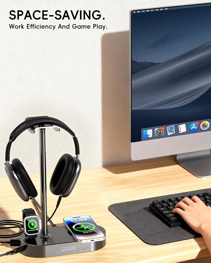 cozoo 15W Wireless Charging Headphone Stand with USB & Type-C Ports, Desktop Gaming Headset Holder, Cool Gaming Accessories & Tech Gifts for Men Teen Boys,Gamer Gifts, for Boyfriend and Teens