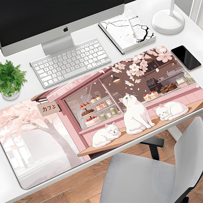 Pink Cute Cat Gaming Mouse Pad Large Desk Mat Extended Keyboard Mouse Pad Anime Mousepad with Non-Slip Base and Stitched Edge Mouse Mat Desk Pad 31.5 x 11.8 in Mouse Pads for Desk Home Office Gaming