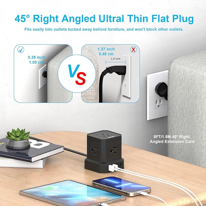 Power Strip with USB, USB C (3.0A) Power Strip with 5 Outlets, 2 USB-C & 2 USB-A, 5 FT Flat Extension Cord with Ultra Thin Flat Plug, Surge Protector Compact for Home Office, Dorm, Hotel Travel