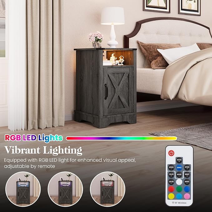 RoyalCraft 25" Tall Nightstand Set of 2, Farmhouse LED Nightstand with Charging Station, Wood End Table with Storage, Bedside Table for Bedroom, Dark Grey