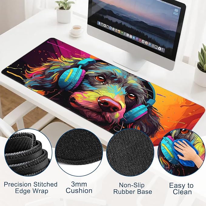 Gaming Desk Mat with Silky Smooth Surface & Exquisite Patterns,31.5x11.8 Inches Large-Sized Mouse Pad, Perfect for Extended Gaming,Work,and Home Office Decor (Cool Dog Head 1)