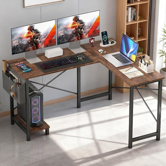 Dkelincs 50-Inch L Shaped Desk, Corner Computer Desk & Gaming Desk for Home Office and Dorm, Sturdy Writing Workstation with CPU Stand and Side Storage Bag (Brown)