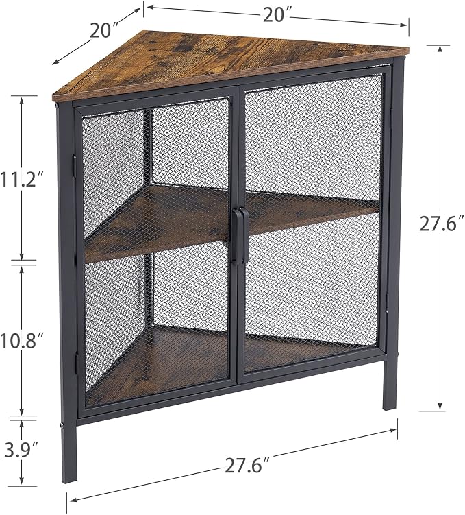 VECELO 3-Tier Corner Table,Cabinet with Mesh Door,Corner Shelf Stand,Metal Frame Storage Shelf Organizer Display Shelves for Bedroom,Wall Corner,Living Room,Kitchen,Bathroom