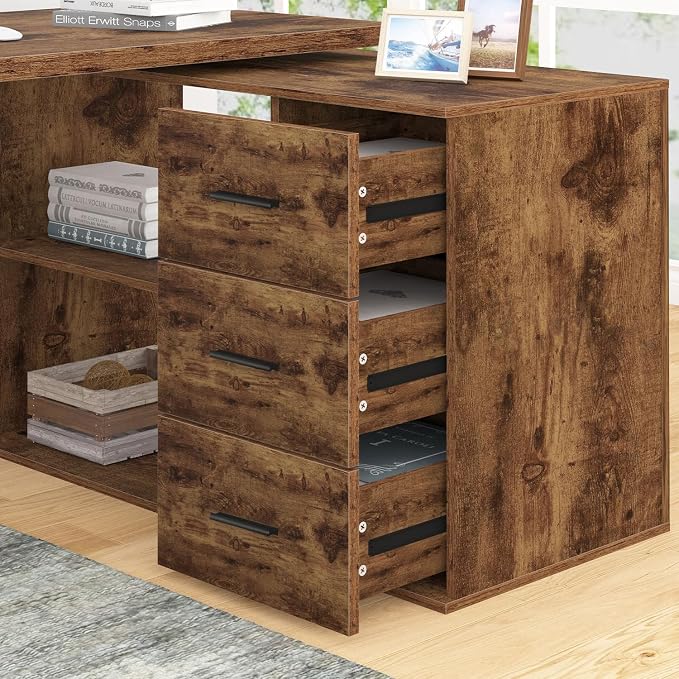 HSH L Shape Home Office Desk with Drawers, L-Shaped Computer Desk with Storage Cabinet Shelves, Wood Executive Desk for Writing Work, Reversible Study Table in Bedroom Living Room, Rustic Brown, 55 In