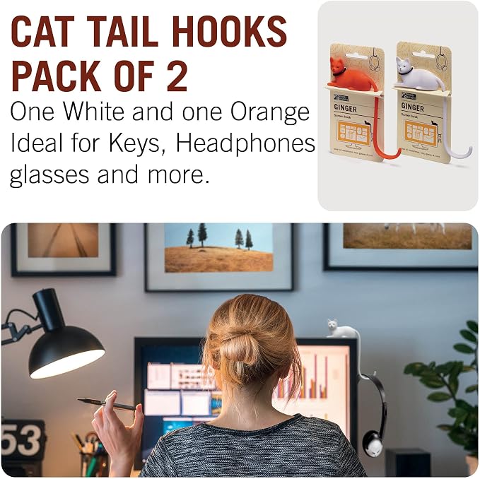 Monkey Business Ginger The Cat Tail Hook for Computer Screen, Desk Headphone Hanger Organizer Decorative Hooks, Adhesive Hook for Hanging Keys Cables Hats and Computer Accessories