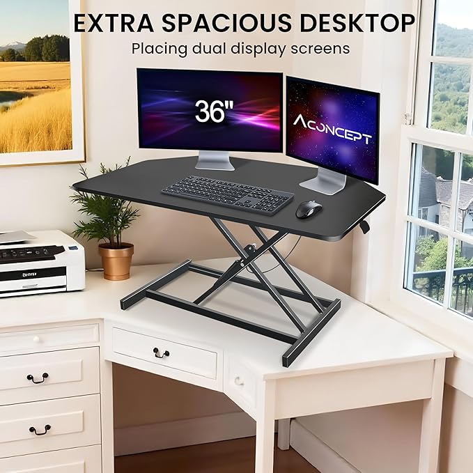 Aconcept 36 inch Black Corner Height Adjustable Standing Desk Converter, One-Click Sit to Stand up Desk Riser, Pre-Assembled for Dual Monitor and Laptop Workstation
