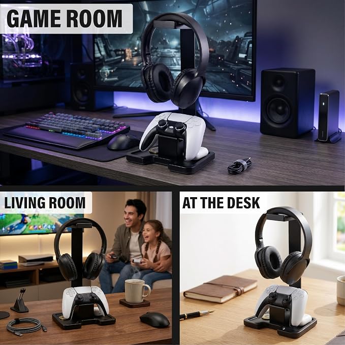 Gaming Accessories Headset Stand with Game Controller Holder & Storage Base, Stylish Gamer Gifts for Men Teenage Boy Headphone Stand, Unique Gifts for Gamers to Organize Gaming Equipment (Black Wood)