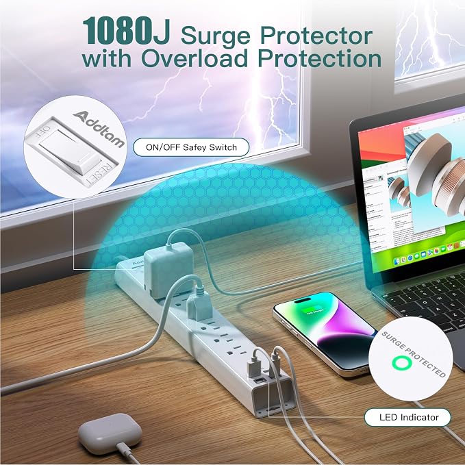 Addtam Power Strip Surge Protector - 2ft Short Extension Cord with 6 Outlets and 4 USB Ports (2 USB C), Ultra Flat Plug Wall Mount, Compact Charging Station for Travel Office Home