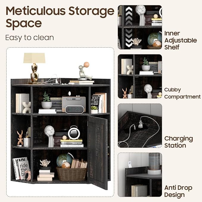Halitaa Corner Storage Cabinet, Farmhouse Corner Bookshelf with Storage 6-Cubby Wooden Cabinet with USB Ports and Outlets Industrial Organizer for Small Space, Study, Playroom, Living Room