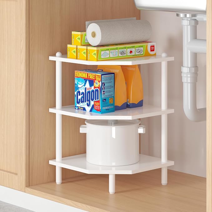 Corner Shelf Stand for Desk - 90° Corner Design to Free Up Desktop | Easy to Assemble 3-Tier Vertical Storage 15 lb Per Shelf 6.7 in Clearance for Books Coffee Mugs Supplies on Office Desks