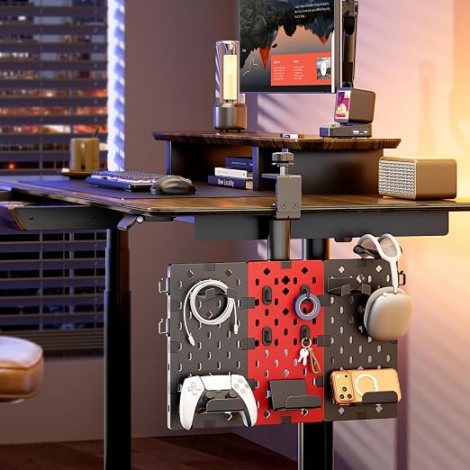 PEGZONE Modular Headphone and Controller Holder for Game, Clamp-on Pegboard, Rotatable Controller Stand with Cable Hooks, Gaming Accessory for Xbox PS5 PS4 Nintendo Switch, 3Pcs Pegboard, Red