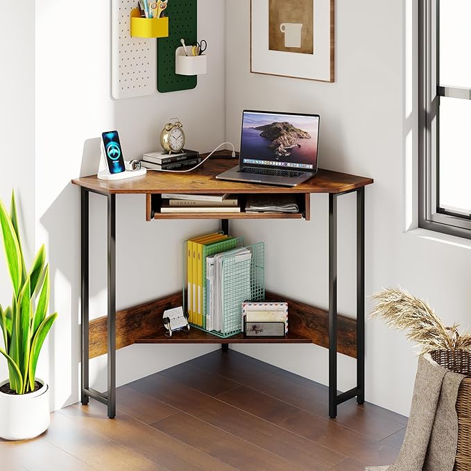 GOFLAME Corner Desk, Triangle Computer Desk with Keyboard Tray & Storage Shelf, Home Office Desk with Built-in Power Outlet, Industrial Writing Desk, Heavy-duty Space-saving PC Laptop Desk Workstation