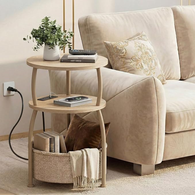 Round Side Table with Power Outlets, Type-C, 15.75 in Small Coffee Table with Basket, Space Saving End Table 3-Tier Bedside Corner Table Stand for Living Room, Bedroom, Garden Light Oak