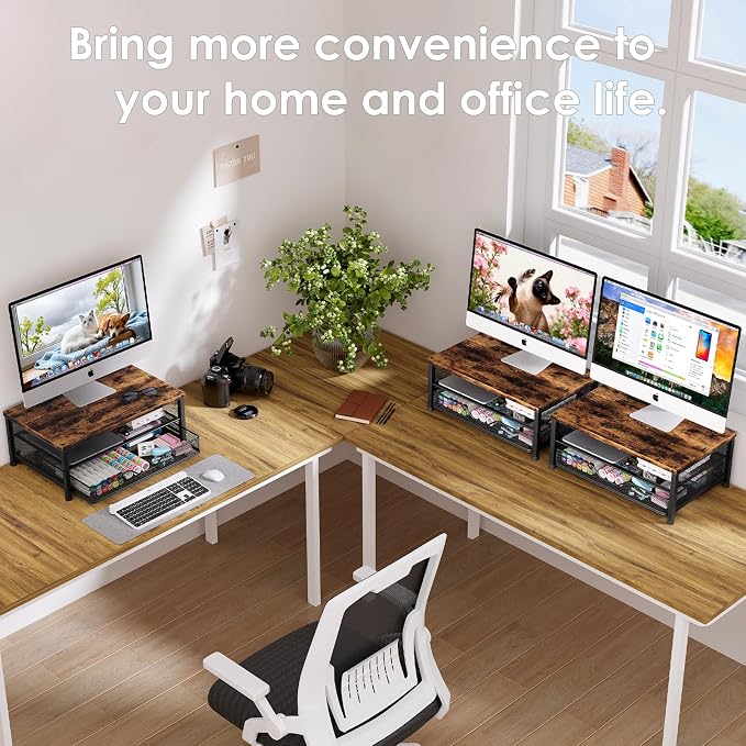 OPNICE Computer Monitor Stand Riser, Desk Organizer with Drawer, Printer & Laptop Stand, Office Desk Accessories & Workspace Desktop Organizers Storage for Office Supplies(Brown)