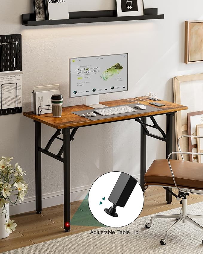 Frylr Small Folding Computer Desk – 43.3 Inch Portable Table for Craft and Study, Lightweight Desk for Small Spaces, Foldable Laptop Table Built-in AC/USB Outlets for Convenience, Rustic Brown