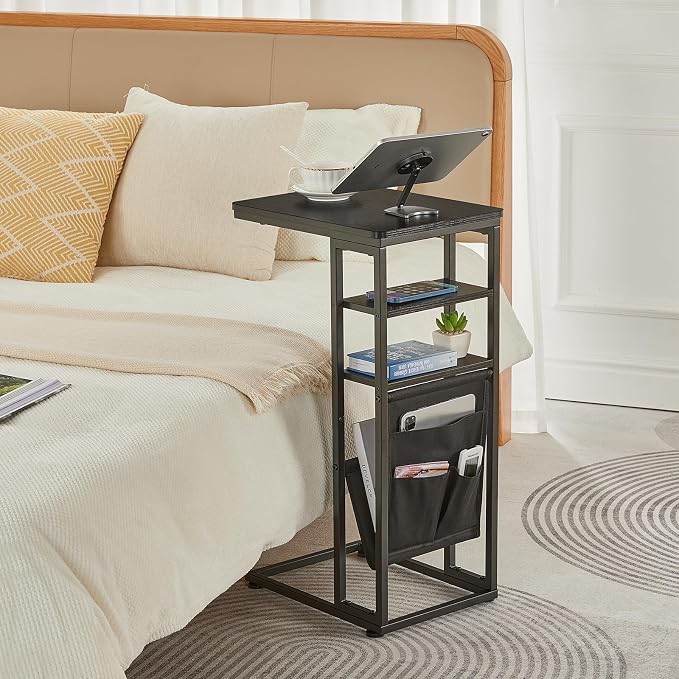 C Shaped End Table 28"(H) 3-Tier C Table with Storage Bag, Under Couch Table C-Shaped End Table with Storage Shelves and Bag for Living Room, Bedroom, or Office