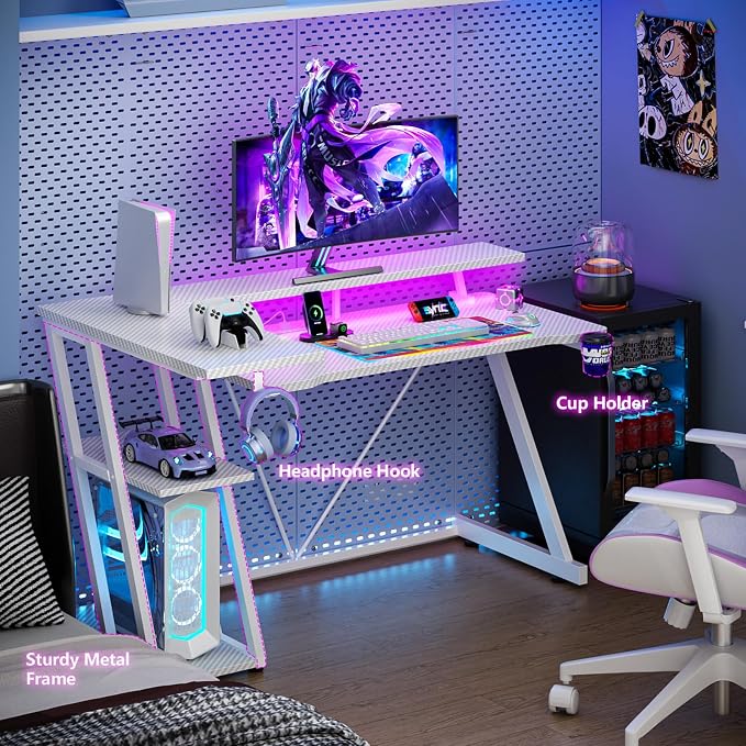 Korfile 47 Inch White Gaming Desk with Power Outlet & LED Lights, Corner Computer Desk with 3 Tiers Storage Shelves, L Shaped Gaming Desk with Monitor Stand for Bedroom