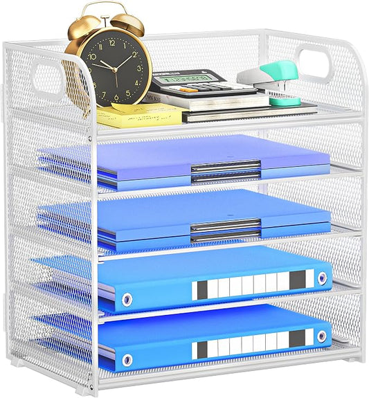 5-Tier Stackable Paper Organizer with Handle, White Metal Mesh Desk Organizer Letter Tray | Office Storage & Organization for Home, School & Workplace