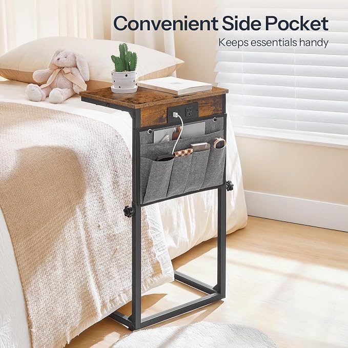 HOOBRO C Shaped End Tables with Charging Station, Set of 2, 30” Adjustable Height Sofa Side Tables, Slide Under Couch Tables for Sofa Arm Tray, for Living Room, Bedroom, Rustic Brown BF77USFP201
