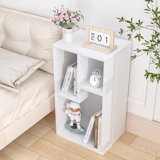 VECELO 11.8" Open Bookshelf, Waterproof Particle Board Asymmetrical Split Cubby Storage Organizer, White Uneven Compartment Display Cube for Tall Books, Bedroom Dorm Office