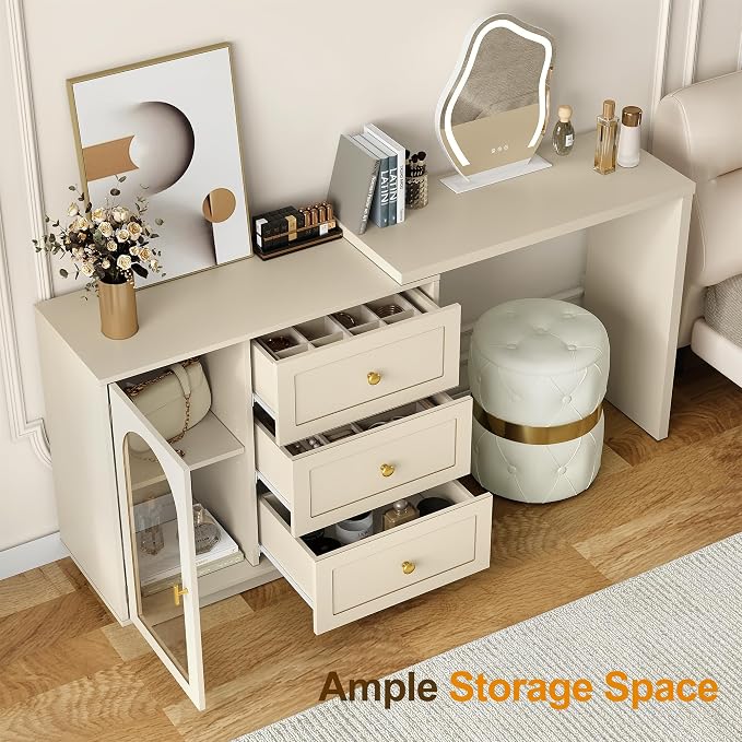 RoyalCraft 59” Large Makeup Vanity Desk, Beige L Shaped Corner Vanity Table with 3 Drawer & 1 Door, Modern Extendable Dressing Table, Vanity Dresser Combo for Bedroom, Dressing Room (Without Mirror)