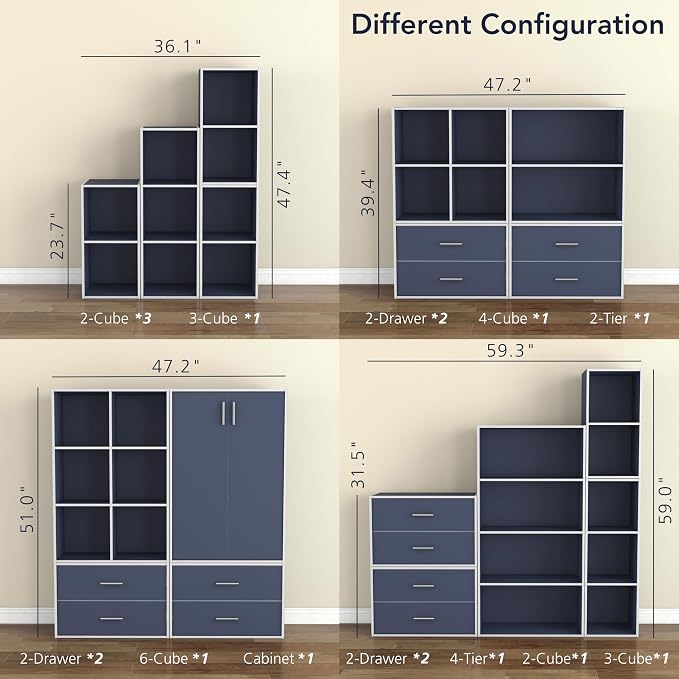 Homes: Inside + Out Apexa 2-Cube Storage Organizer Shelves, Stackable Wood Bookcase Fits Cubby Bins for Organization, Dorm Teen Room Decor & Home Office, Steel Blue