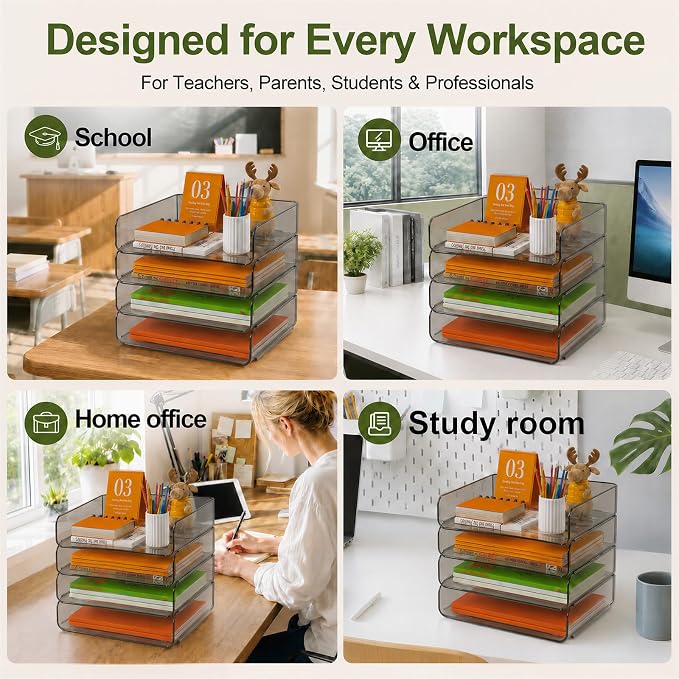 FANXIYQ 4-Tier Acrylic Paper Tray Organizer, Brown Stackable Desk File Organizer for Documents, Mail, Homework & Notebooks, Letter Tray Storage for Home Office, Classroom & Study Desk