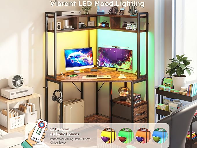 DurayLoly 63" Triangular Corner Desk with Hutch,Ample Storage for Small Room,Spacious 36" W Desktop,2 Fabric Drawers and Bottom Wooden Shelves,Versatile Computer Desk that Meets All Your Needs,Brown