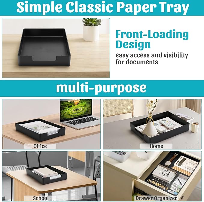 Letter-Size Tray Desk Letter Tray Paper Tray, Sturdy Heavy-Duty Plastic Printer Paper Tray, Single-Tier Stackable File Storage Organizer for Office Home (Black)