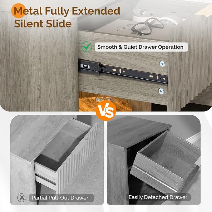 VINGLI Night Stands Set 2 with Charging Station, LED Nightstand Fluted with Rounded Edge, 19" W Mid Century Modern Nightstand for Bedroom, Fluted Night Stand/End Table/Bed Side Table, Grey