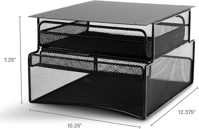 Safco 3244BL Onyx Mesh Deluxe Under Desk Hanging File & Paper Organizer, Black, Steel Construction, 2 Compartments, Tabletop or Desktop. Perfect for Home, Office & Classrooms, Black