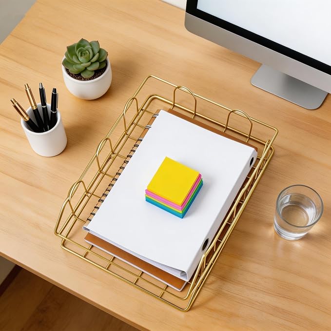 JIARI 2 Pack Desk Organizer Stackable Letter Tray Paper Organizer, Metal Desk Organizer Tray for Letter/A4 Paper Storage, for Office Supplies (Gold 2 Pack)