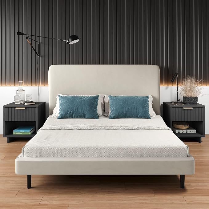 Manhattan Comfort Granville 1-Drawer Nightstand Set of 2, Modern Glam Bedside Table with Ribbed Design and Gold Handles, Ideal for Living Room and Bedroom Use, Dark Grey
