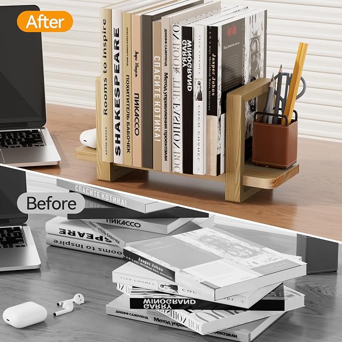 Adjustable Desktop Bookshelf, Wooden Tabletop Bookshelf, Small Desk Shelf for Home, Living Room, Class, Dorm